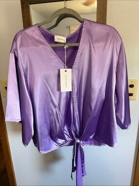 Adrienne Purple Satin Tie-Front Top size large bought from Polka Dot Alley Bout